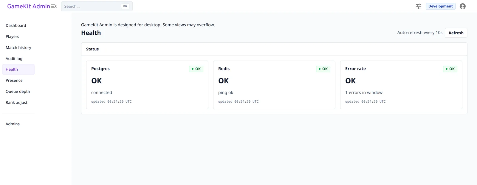 GameKit admin console &mdash; Health page: Postgres, Redis, and error-rate probe cards all reporting OK