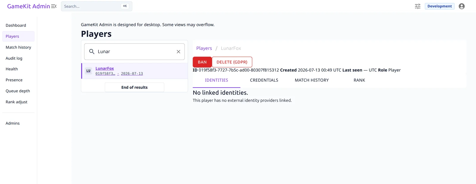 GameKit admin console &mdash; Players page: master-detail player list with search, ban, and GDPR-delete actions
