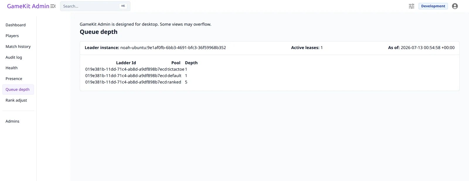 GameKit admin console &mdash; Queue depth: live matchmaking pool depths with the leader lease indicator
